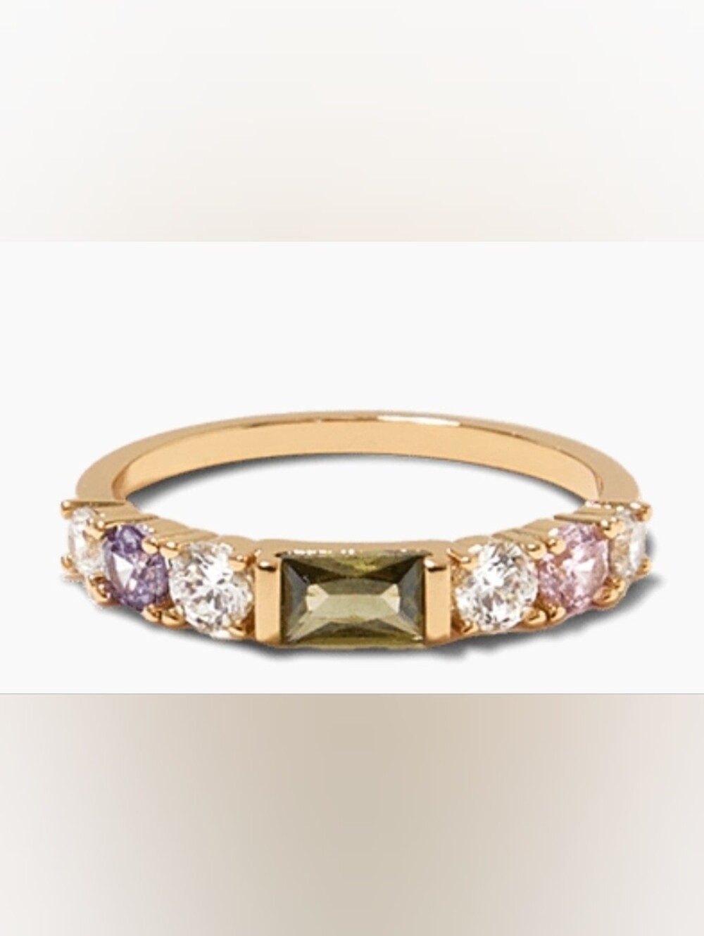 Olive & Piper Gold Band Ring with Green, Purple and Clear Gemstones